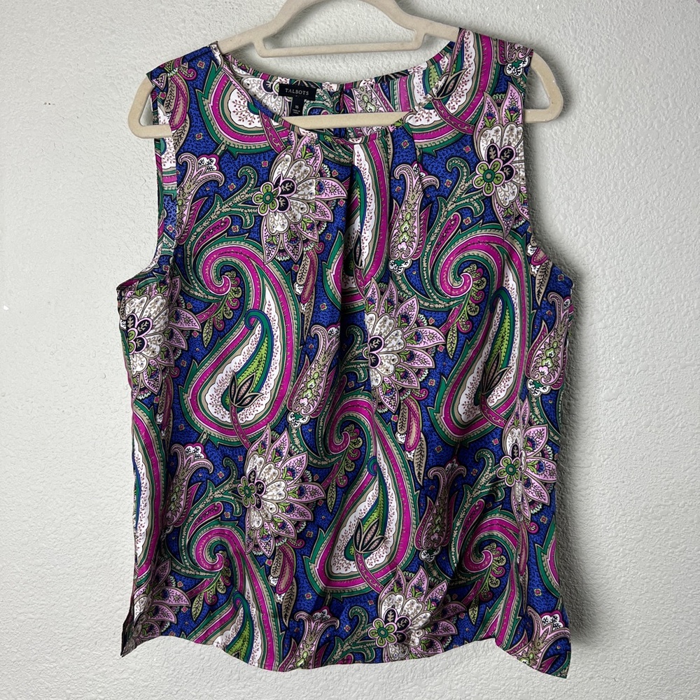 Talbots Petite Silk Sleeveless Top Size 16 Colorful Paisley Wearable Art Keyhole